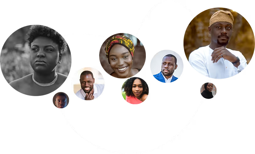 Connected circular portraits of diverse Black men, women, and a child with lines linking them.